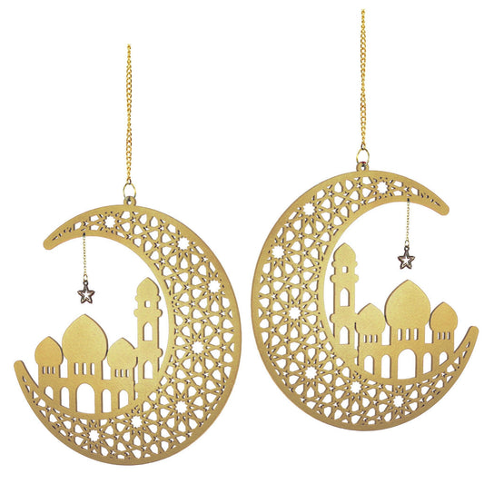 Set of 2 Gold Wooden Ramadan / Eid Crescent Moon & Mosque Hanging Decorations